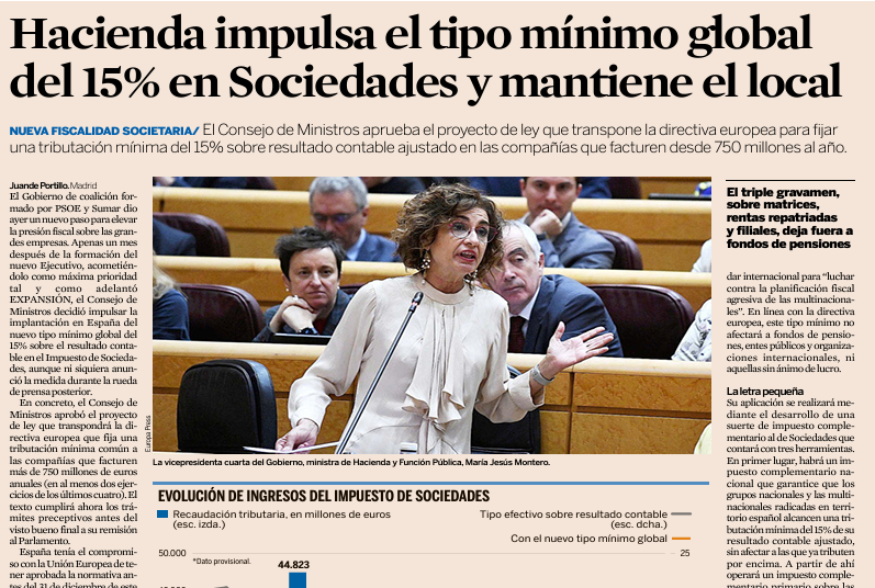 Hacienda impulsa el tipo mínimo global  del 15% en Sociedades y mantiene el local